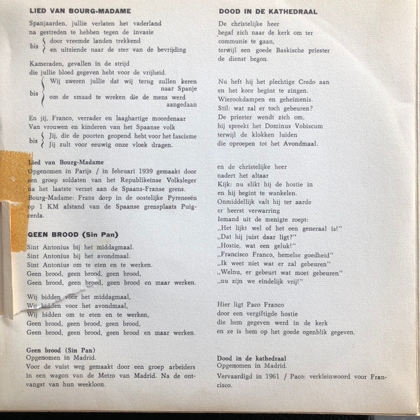 Michele L. Straniero en Margot (7) , Begeleiding: Fausto Amodei : Spaanse Verzetsliederen 1939/1962 (7")