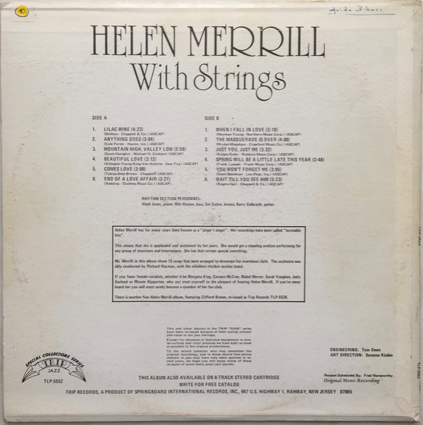 Helen Merrill : Helen Merrill With Strings (LP, Album, Mono, RE)