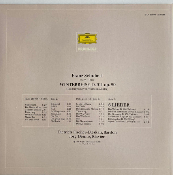 Franz Schubert - Dietrich Fischer-Dieskau, Jörg Demus : Winterreise • 6 Lieder (2xLP, Album, RE)