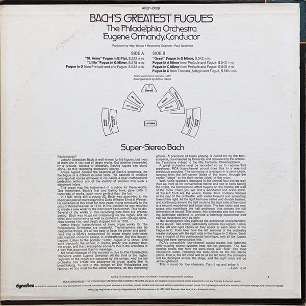 Johann Sebastian Bach, Eugene Ormandy, The Philadelphia Orchestra : Bach's Greatest Fugues Scored For Double Orchestra (LP, Quad)