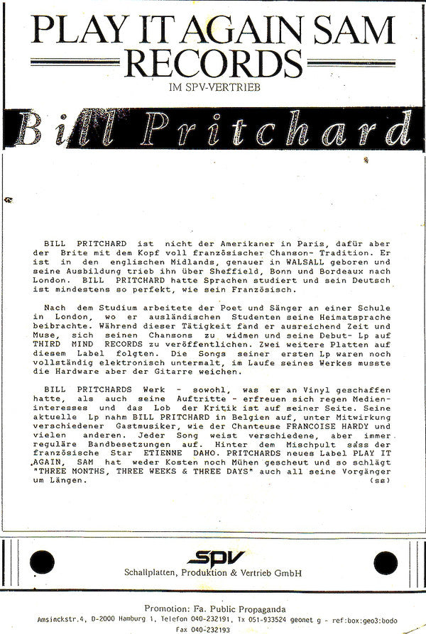 Bill Pritchard : Three Months, Three Weeks & Two Days (LP, Album)