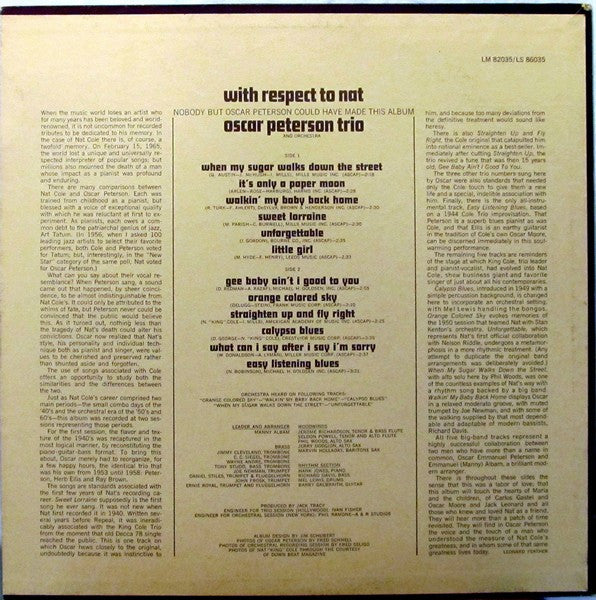 The Oscar Peterson Trio : With Respect To Nat (LP, Album, Mono, Pit)