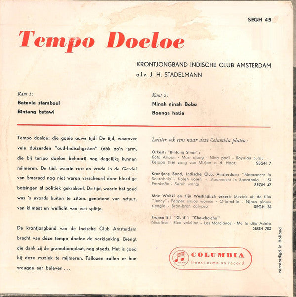 Krontjongband Indische Club Amsterdam o.l.v. J. H. Stadelmann : Tempo Doeloe (7", EP)