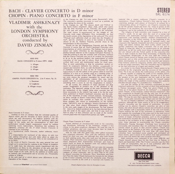 Bach*, Chopin*, Ashkenazy*, David Zinman, London Symphony Orchestra : Concerto In D Minor / Piano Concerto No. 2 In F Minor (LP, Album)
