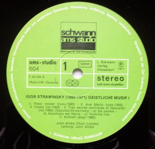 Igor Stravinsky, John Alldis Choir, John Alldis, Vokal-Ensemble "Strawinsky-Fest '71", Düsseldorf, Oskar Gottlieb Blarr : Geistliche Musik 1 (LP)