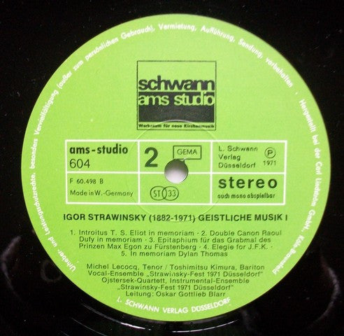 Igor Stravinsky, John Alldis Choir, John Alldis, Vokal-Ensemble "Strawinsky-Fest '71", Düsseldorf, Oskar Gottlieb Blarr : Geistliche Musik 1 (LP)