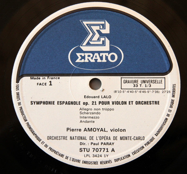Édouard Lalo – Pierre Amoyal, Orchestre National De L'Opéra De Monte-Carlo, Paul Paray : Symphonie Espagnole Pour Violon Et Orchestre Op. 21 / Rhapsodie Norvegienne (LP, Gat)