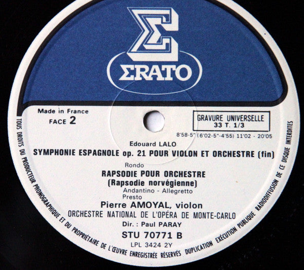 Édouard Lalo – Pierre Amoyal, Orchestre National De L'Opéra De Monte-Carlo, Paul Paray : Symphonie Espagnole Pour Violon Et Orchestre Op. 21 / Rhapsodie Norvegienne (LP, Gat)