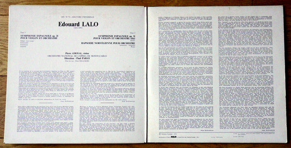 Édouard Lalo – Pierre Amoyal, Orchestre National De L'Opéra De Monte-Carlo, Paul Paray : Symphonie Espagnole Pour Violon Et Orchestre Op. 21 / Rhapsodie Norvegienne (LP, Gat)