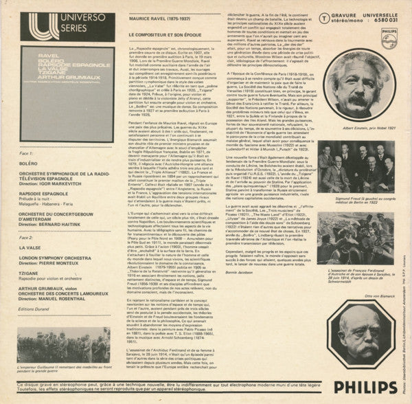 Arthur Grumiaux, Bernard Haitink, Igor Markevitch, Pierre Monteux, Manuel Rosenthal / Maurice Ravel : Bolero / Rapsodie Espagnole / La Valse / Tzigane (LP, Comp)