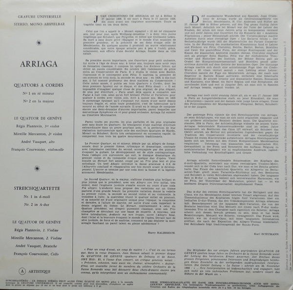 Juan Crisóstomo de Arriaga - Quatuor De Genève : Quatuor A Cordes N° 1 & 2 (LP)
