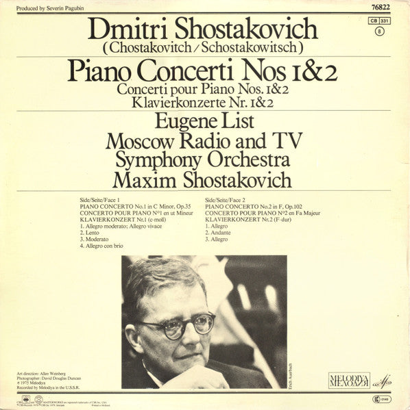 Dmitri Shostakovich - Maxim Shostakovich / Eugene List / Moscow Radio & TV Symphony Orchestra* : Piano Concerti Nos. 1&2 (LP, RE, Gat)