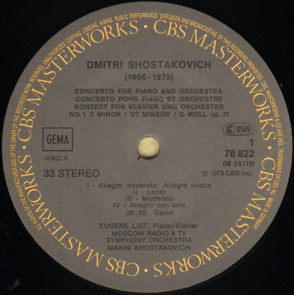 Dmitri Shostakovich - Maxim Shostakovich / Eugene List / Moscow Radio & TV Symphony Orchestra* : Piano Concerti Nos. 1&2 (LP, RE, Gat)