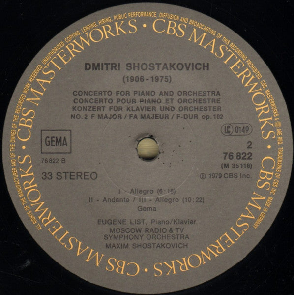 Dmitri Shostakovich - Maxim Shostakovich / Eugene List / Moscow Radio & TV Symphony Orchestra* : Piano Concerti Nos. 1&2 (LP, RE, Gat)