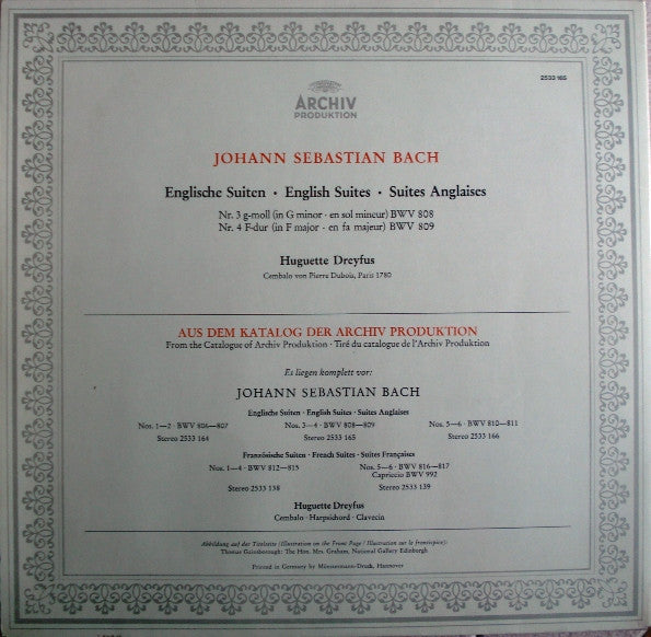 Johann Sebastian Bach, Huguette Dreyfus : Englische Suiten = English Suites = Suites Anglaises · Nos. 3-4 ·BWV 808-809 (LP, Gat)