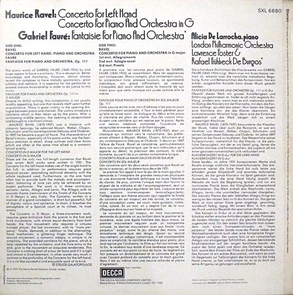 Maurice Ravel, Gabriel Fauré, Alicia De Larrocha, London Philharmonic Orchestra, Lawrence Foster, Rafael Frühbeck De Burgos : Concerto For The Left Hand / Concerto For Piano And Orchestra / Fantaisie For Piano And Orchestra (LP, Eng)