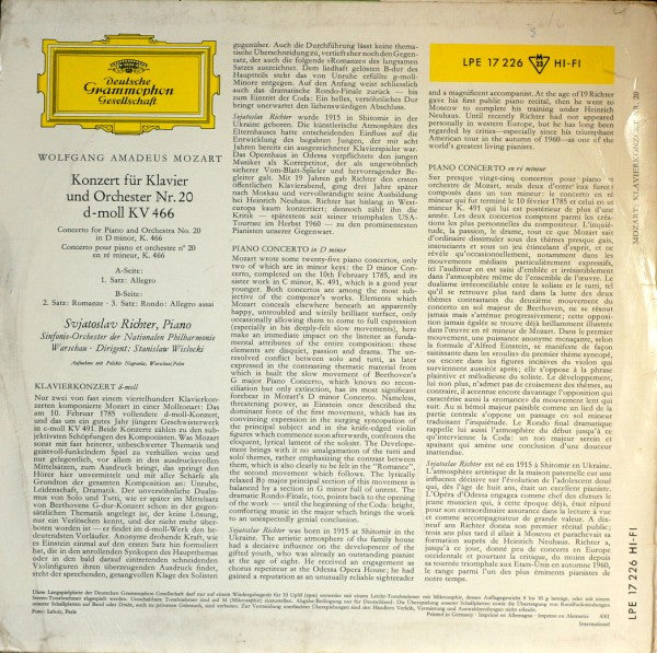 Wolfgang Amadeus Mozart, Sviatoslav Richter, Orkiestra Symfoniczna Filharmonii Narodowej, Stanislaw Wislocki : Klavierkonzert Nr. 20 D - Moll / Piano Concerto No. 20 In D Minor (10", Mono, RP)
