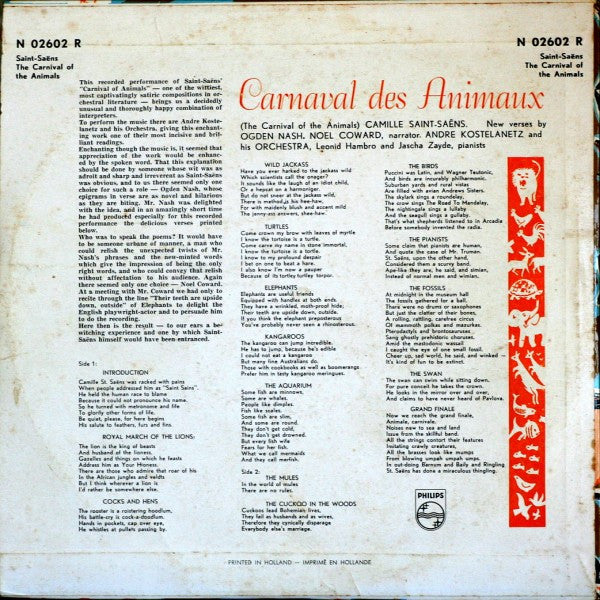 Camille Saint-Saëns, Noël Coward, Ogden Nash, Leonid Hambro, Jascha Zayde : Carnival Des Animaux (The Carnival Of The Animals) (10", Mono)