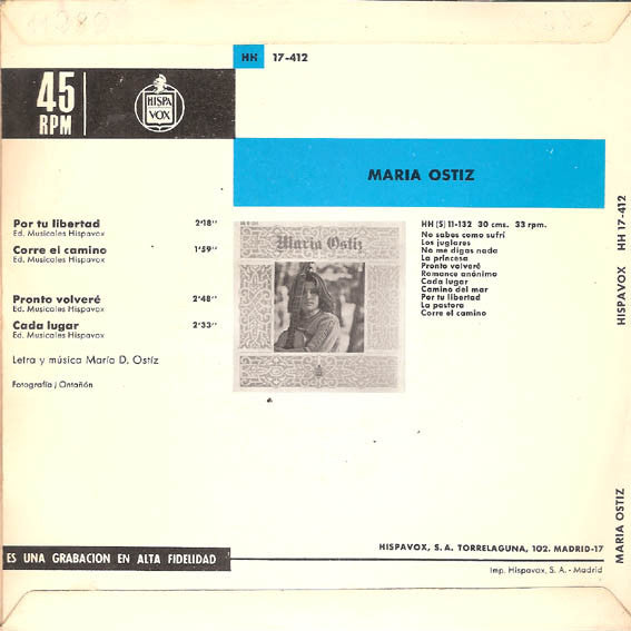 Maria Ostiz : Por Tu Libertad / Corre El Camino / Pronto Volveré / Cada Lugar (7", EP)