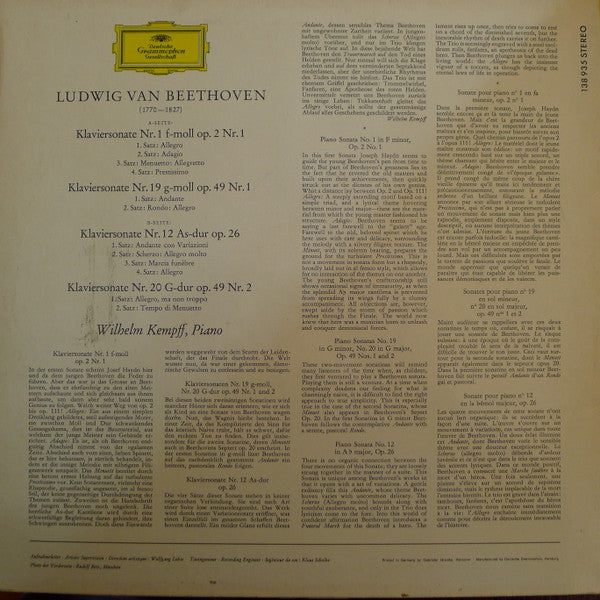 Ludwig van Beethoven, Wilhelm Kempff : Klaviersonaten Nr. 1 F-Moll · Nr 19. G-Moll · Nr. 12 As-Dur · Nr. 20 G-Dur (LP, RP)