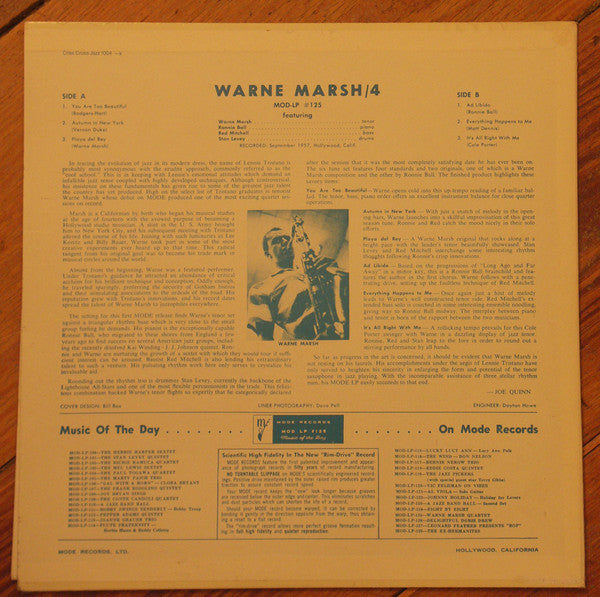 Warne Marsh Quartet : Music For Prancing (LP, Album, RE)