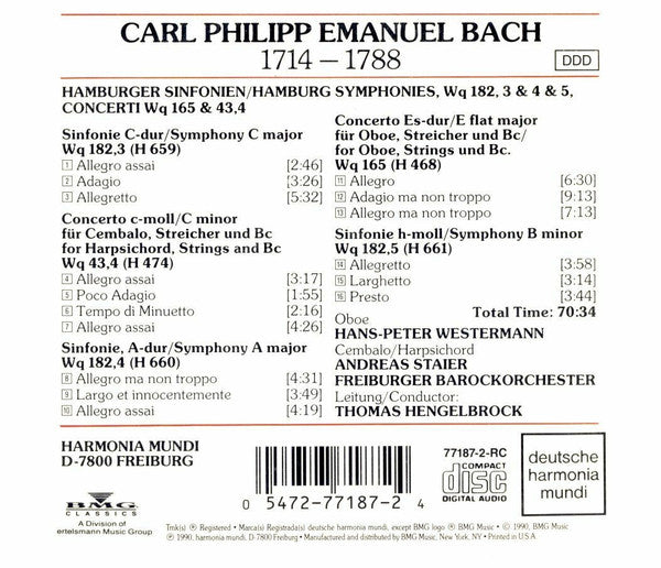 Carl Philipp Emanuel Bach - Freiburger Barockorchester, Andreas Staier, Hans-Peter Westermann, Thomas Hengelbrock : Hamburger Sinfonien WQ 182, 3 & 4 & 5 - Concerti WQ 165 & 43,4 (CD, Album)
