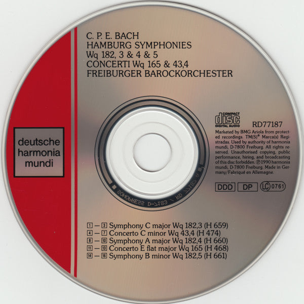 Carl Philipp Emanuel Bach - Freiburger Barockorchester, Andreas Staier, Hans-Peter Westermann, Thomas Hengelbrock : Hamburger Sinfonien WQ 182, 3 & 4 & 5 - Concerti WQ 165 & 43,4 (CD, Album)