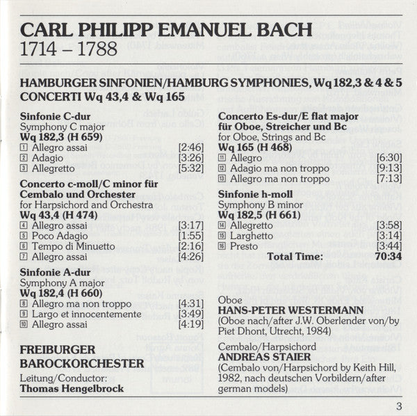 Carl Philipp Emanuel Bach - Freiburger Barockorchester, Andreas Staier, Hans-Peter Westermann, Thomas Hengelbrock : Hamburger Sinfonien WQ 182, 3 & 4 & 5 - Concerti WQ 165 & 43,4 (CD, Album)