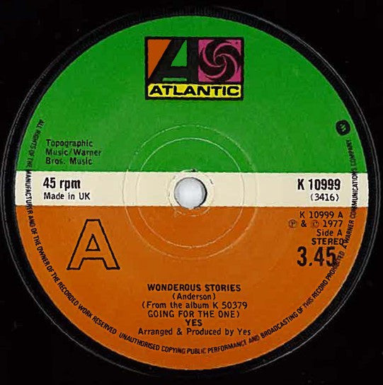 Yes : Wonderous Stories (7", Single)