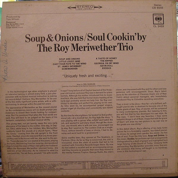 The Roy Meriwether Trio : Soup & Onions / Soul Cookin' By (LP, Album)