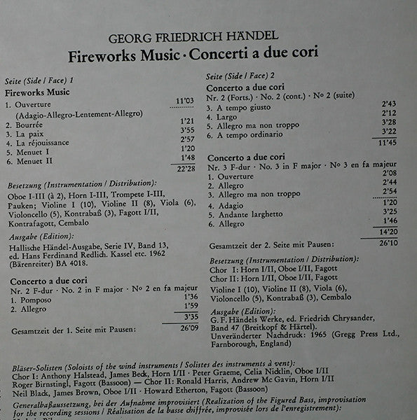 Georg Friedrich Händel - English Chamber Orchestra • Karl Richter : Fireworks Music • Concerti A Due Cori (LP, Album)