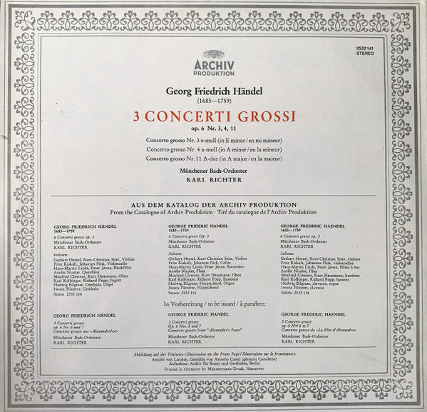 Georg Friedrich Händel — Münchener Bach-Orchester, Karl Richter : 3 Concerti Grossi Op. 6 Nos. 3, 4, 11 (LP, Album, Gat)