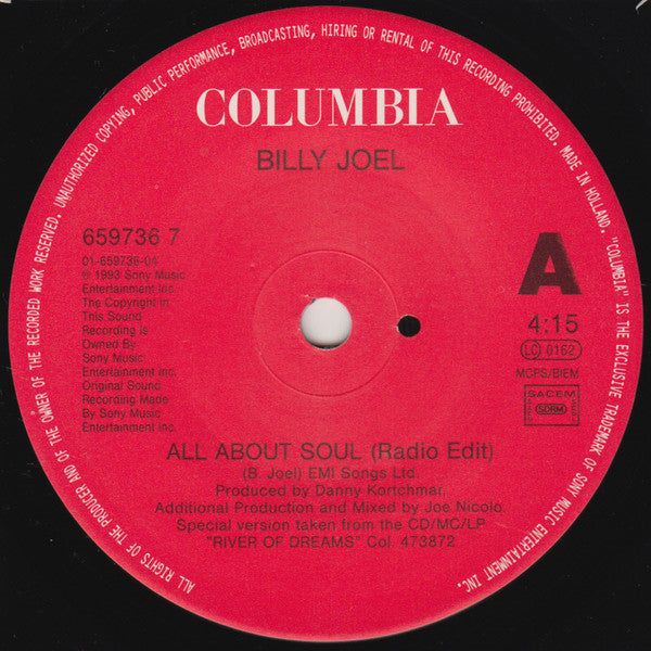 Billy Joel : All About Soul (7", Single)