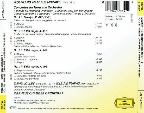 Wolfgang Amadeus Mozart, David Jolley, William Purvis, Orpheus Chamber Orchestra : 4 Hornkonzerte - Horn Concertos - Concertos Pour Cor (CD, Album, RE)