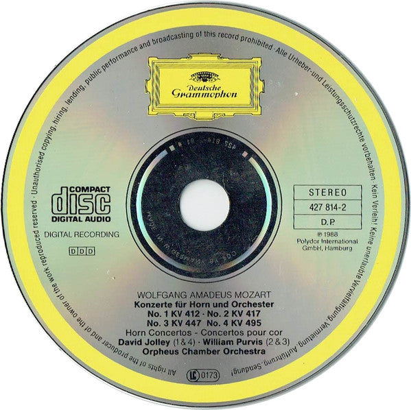 Wolfgang Amadeus Mozart, David Jolley, William Purvis, Orpheus Chamber Orchestra : 4 Hornkonzerte - Horn Concertos - Concertos Pour Cor (CD, Album, RE)