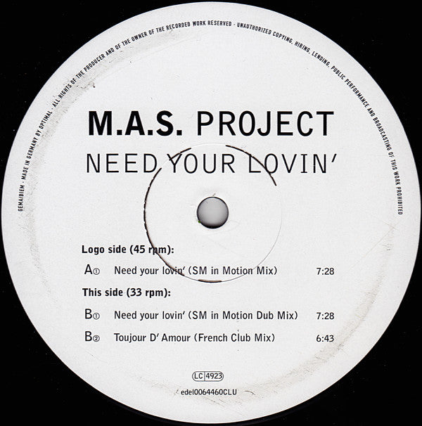 M.A.S. Project : Need Your Lovin' (12")