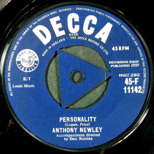 Anthony Newley : Personality / My Blue Angel (7", Single, Tri)