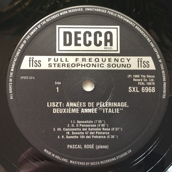 Liszt*, Pascal Rogé : Années De Pèlerinage - Italie  (LP)