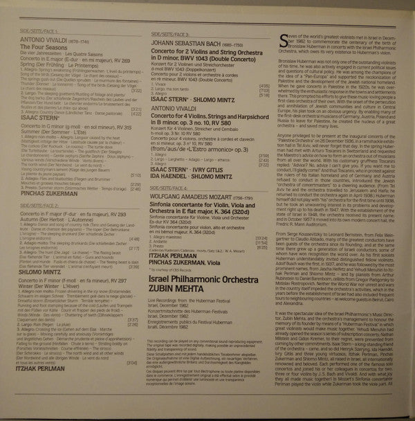 Pinchas Zukerman • Isaac Stern, Itzhak Perlman • Shlomo Mintz, Israel Philharmonic Orchestra, Zubin Mehta, Antonio Vivaldi / Johann Sebastian Bach / Wolfgang Amadeus Mozart : The Four Seasons · Concerto For 4 Violins / Double Concerto / Sinfonia Concertante K.364 (2xLP)
