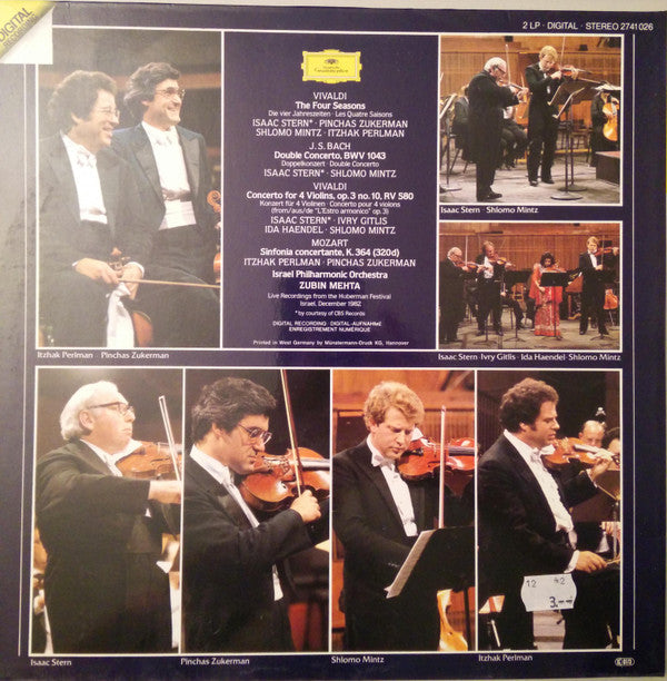 Pinchas Zukerman • Isaac Stern, Itzhak Perlman • Shlomo Mintz, Israel Philharmonic Orchestra, Zubin Mehta, Antonio Vivaldi / Johann Sebastian Bach / Wolfgang Amadeus Mozart : The Four Seasons · Concerto For 4 Violins / Double Concerto / Sinfonia Concertante K.364 (2xLP)