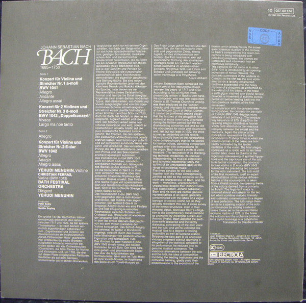 Johann Sebastian Bach, Yehudi Menuhin : Violinkonzerte Nr. 1-3 (LP, Album)