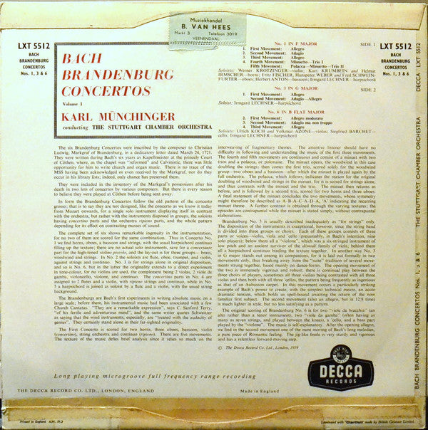 Johann Sebastian Bach - Karl Münchinger Conducting Stuttgarter Kammerorchester : Brandenburg Concertos Nos. 1, 3 & 6 (LP, Mono)