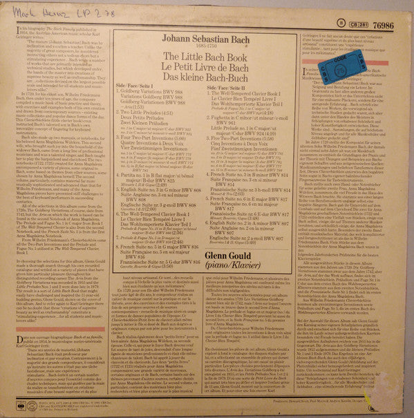 Glenn Gould, Johann Sebastian Bach : The Little Bach Book (LP, Album, Comp, RE)