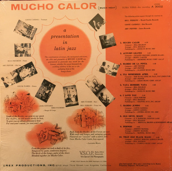 Conte Candoli, Jack Costanzo, Chuck Flores, Russ Freeman, Mike Pacheco, Art Pepper, Bill Perkins, Ben Tucker : Mucho Calor (Much Heat) (LP, Album, RE)