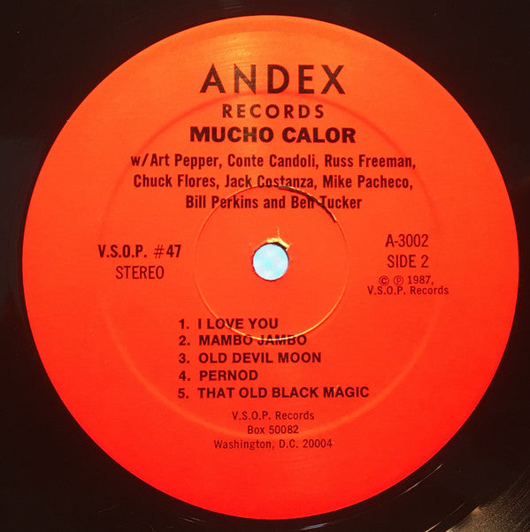 Conte Candoli, Jack Costanzo, Chuck Flores, Russ Freeman, Mike Pacheco, Art Pepper, Bill Perkins, Ben Tucker : Mucho Calor (Much Heat) (LP, Album, RE)