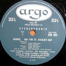 Georg Friedrich Händel –  April Cantelo, Ian Partridge, The King's College Choir Of Cambridge, The Academy Of St. Martin-in-the-Fields Director David Willcocks : Ode For St. Cecilia's Day (LP)