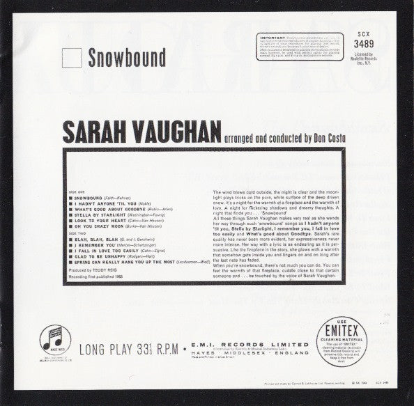 Sarah Vaughan : Snowbound/The Lonely Hours (CD, Comp, RM)