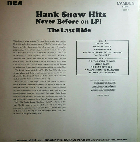 Hank Snow : The Last Ride (LP, Comp, RE)