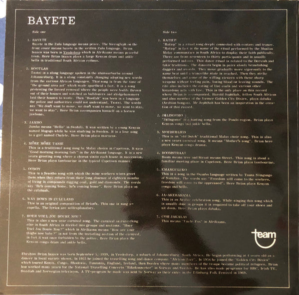 Brian Isaacs : Bayete (LP, Album)