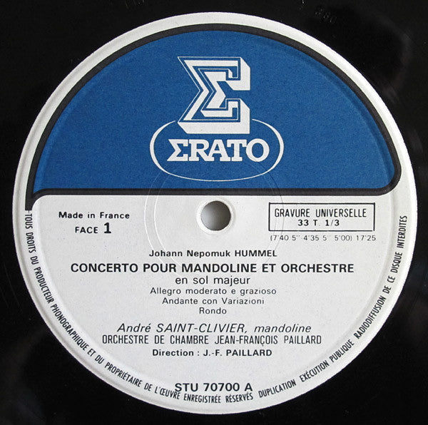 Johann Nepomuk Hummel, André Saint-Clivier - Jacques Chambon - Anne Queffélec, Orchestre De Chambre Jean-François Paillard : Concerto Pour Mandoline / Introduction & Variations / Rondo De Societe (LP)